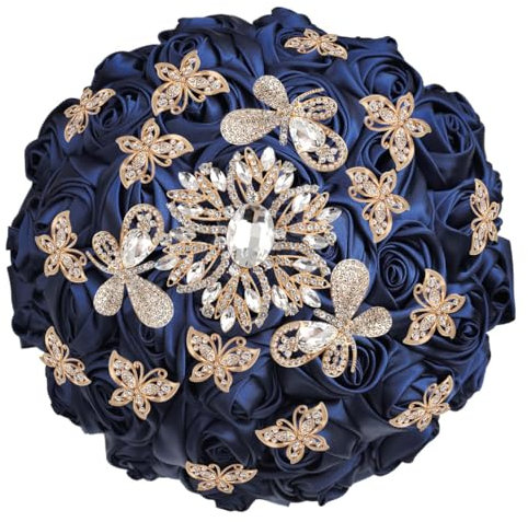 Ljxoaieu Golden Rinestone bouquet sposa con bouquet da damigella d'onore bouquet blu scuro rose in raso con diamante di cristallo per decorazione di nozze (blu navy)