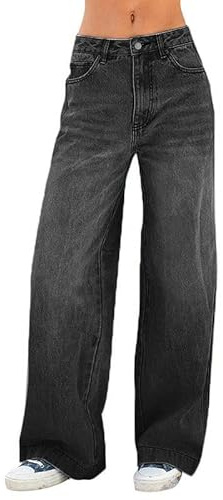 EMMIOL Women's 2026 Wide Leg Jeans Distress Mid Waist Denim Pants Vintage Y2K Trousers(Black,L)