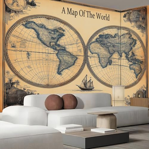 ANALTIRCE Retro Poster Wall Mural Wallpaper for Bedroom Living Room,Not Self-Adhesive World Map Wallpaper,Modern Mural Wallpaper TV Background Wall Decor 177×124