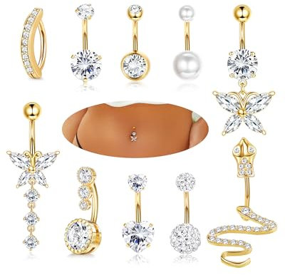 YADOCA 10Pcs 14G Bauchnabelpiercing Chirurgenstahl Gold Piercing Bauch CZ Schmetterling Schlange Clicker Lang Bauchnabelpiercing Ring Körper Piercing Schmuck