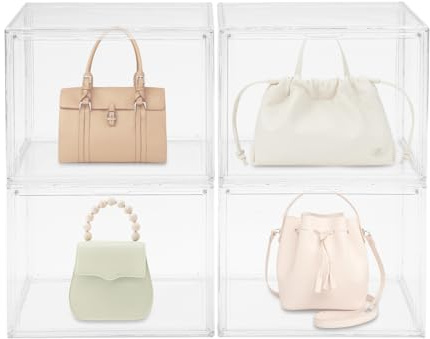 SuhoFutus Handbag Storage Organizer, 4 Pack Clear Drawer Organizer, Stackable Storage Boxes with Magnetic Doors and Handles, Dust and Moisture Proof Display Case, Clear, 36 × 27 × 23 cm