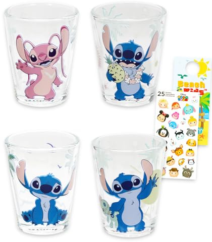 Disney Lilo and Stitch Schnapsgläser, 4 Stück, Bündel mit 42,5 ml Mini-Gläsern mit Stitch Plus Aufklebern, mehr Mini-Becher-Set