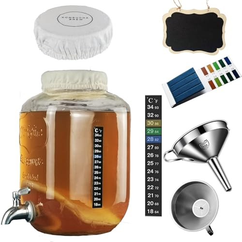 lomejii Kit de inicio para Kombucha y Jun – Bote de vidrio de 5,0 L con grifo, ideal para fermentación continua. Incluye tiras de pH, termómetro adhesivo, funda de tela y embudo con filtros