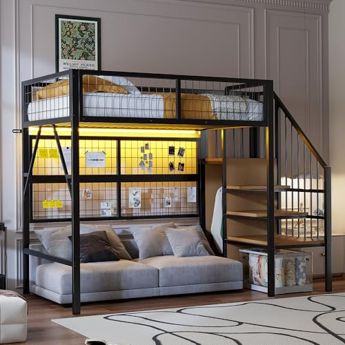 Eisenbett, Etagenbett, Hochbett 90*200, Geeignet für Kinder und Jugendliche Vielseitiges,Metall-Hochbett mit APP-gesteuerten LED-Lichtleisten Treppe mit Stauraum, offenem Kleiderschrank Schwarz