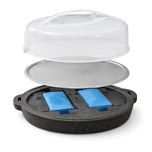 HRB Kuchen Transportbox mit Kühlakku, Servierplatte und gedämmtem Unterboden, Torteglocke zum Kühl Halten, Durchmesser 34 cm, Tortenhaube 18 cm hoch zum Transport von Backwaren