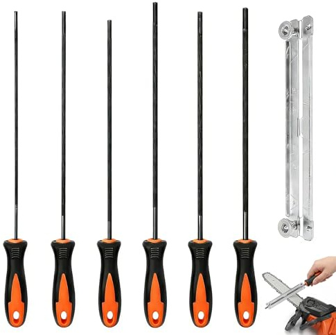 6 Stück Feile für Kettensäge, 6 Größen Rundfeilen 3.2 mm 4.0 mm 4.5 mm 4.8 mm 5.2 mm 5.5 mm, Feilenset Metall mit Griff und Guide, Sägeketten Feilen für Kettensägen, Geeignet für Heimwerker und Profis