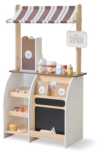 Teamson Kids Espresso Treats Wooden Coffee Stand Playset with Toy Espresso Machine, Pastries, Cups, Chalkboard Menu, Open/Closed Sign, Storage & 29 Accessories Included