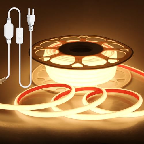 Aclorol COB LED Streifen Warmweiß 230V 15M 3000K LED Strip Wasserdicht IP67 | LED Band mit Schalter und 1,5M langes Anschlusskabel, Plug & Play, für Terrasse Garten Balkon Carport Außenbeleuchtung