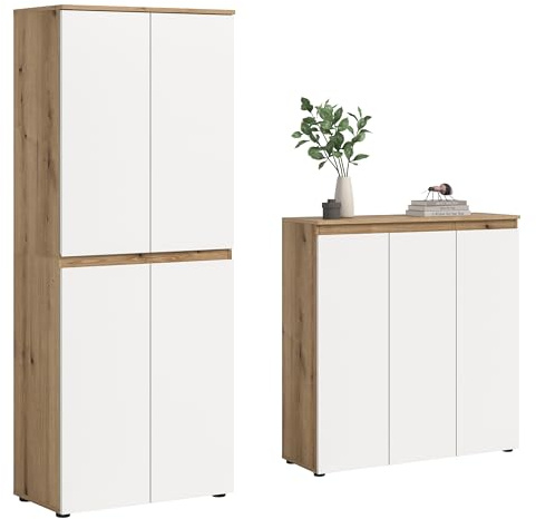 furnling Universalschrank-Set Sarca, weiß/Evoke Oak, 7 Türen, 19 Fächer, mit Kleiderstange, Mehrzweckschrank-Set mit 15 verstellbaren Einlegeböden, Breite 190 cm