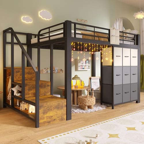 MODENVIE Hochbett 140x200 cm aus Metall, Multifunktionales Etagenbett mit Treppe, integrierter Kommode, Schubladen und Kleiderstange, Kinderbett mit Rausfallschutz, ohne Matratze, Schwarz