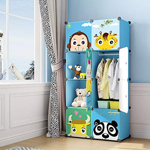 MAGINELS Kinder-Kleiderschrank, Schlafzimmer, Kleiderschrank, Aufbewahrungsregal, Würfel-Organizer (blau, 6 Würfel und 1 Stange)