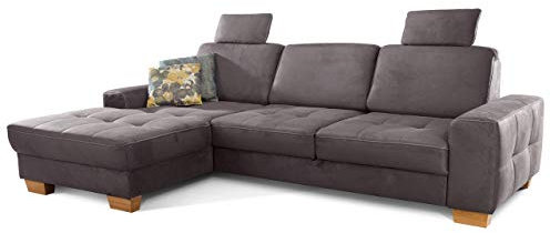 Cavadore Ecksofa Puccino mit Federkern, verstellbarer Sitztiefe und 2 Kopfstützen / Sofa in L-Form im Landhaus Design / 281 x 86 x 178 cm / Mikrofaser grau