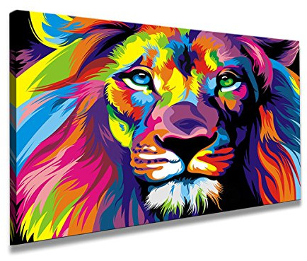 Visario Leinwandbild 80x60 cm 4001 - Löwe Pop Art bunt, Löwenkopf in Regenbogenfarben - Wandbild fertig aufgespannt auf Holzrahmen