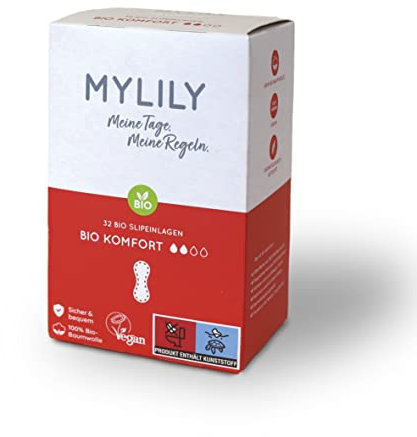 MYLILY® Baumwoll Slipeinlagen I 100% Bio-Baumwolle 0% Chemie | 32 Slipeinlagen ohne Duft | Zuverlässiger Schutz während der Periode Superdünn I Nachhaltig (1er Pack)