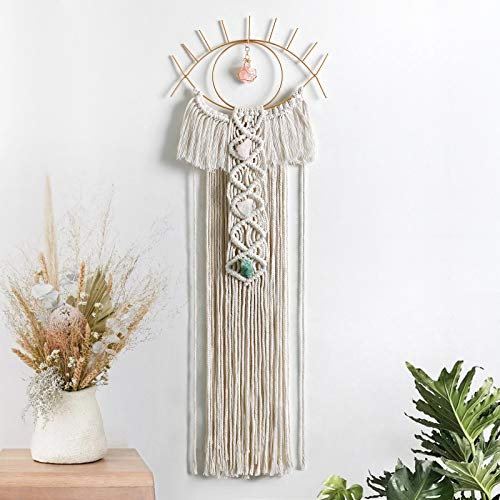 LOMOHOO Makramee-Wandbehang, böser Blick, Traumfänger mit Kristallstein-Anhänger, Boho-Makramee für Schlafzimmer, Heimdekoration, böhmische Wohnung, Ornament, Handwerk, Geschenk (beige)
