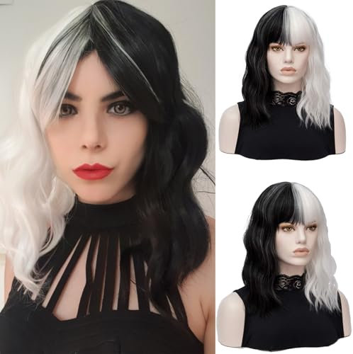 Morticia Schulterlange kurze lockige Frauen Vollknall Hitzebeständige Faser Mädchen Ersatz Bob Perücke (Weiß und Schwarz)