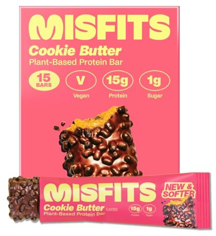 Misfits Vegan Protein Bar, Cookie Butter (Speculoos), Plant Based Chocolate Protein Bars, High Protein Snacks with 15g Protein Per Bar, Low Carb, 1g Sugar, High Fibre, Healthy Snack, 15 x 50g Pack