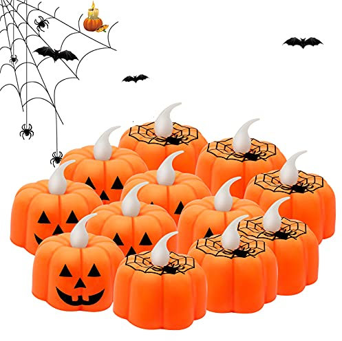 JYPS 12PCS Halloween Decorations Pumpkin Tealights Candles Flameless Tea Lights Battery Operated LED Candles Orange Lanterns for Halloween, Indoor and Outdoor Home Decor