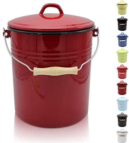 KRÜGER Mülleimer mit Deckel - Stahl Abfalleimer mit Emaille-Beschichtung und Holzgriff - schnitt- und kratzfeste Oberfläche - langlebig und vielseitig einsetzbar (10 Liter, rot)