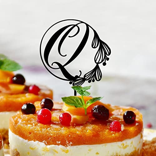 Acrylic Black Monogramm Q Cake Topper Letter Name Wreath For Birthday Party Favors Wreath Floral Reusable Funny Wedding Gifts For Baby Boys Girls