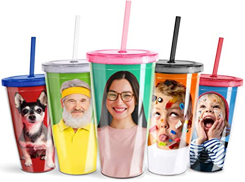 Pixly® Personalised Custom Photo Tumbler with Lid & Straw Re-usable Double Wall BPA Free Plastic Drink Cup | 450ml / 650ml Capacity | Clear, Black, Red, Blue, Pink (Small)