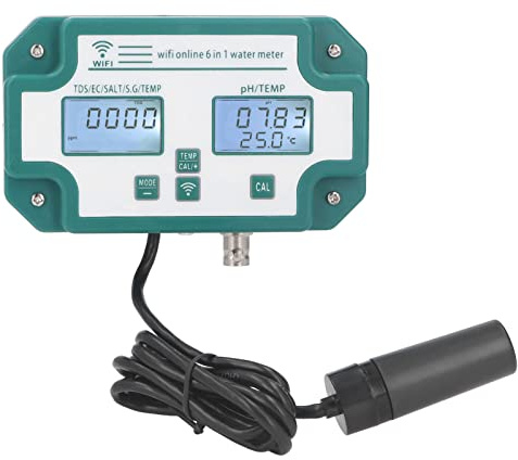 Kadimendium Wasserqualitätsmessgerät Hochpräzise 6 in 1 PH TDS EC SG Salztemperaturtester WiFi Verbindung Wasserqualitätsdetektor für Trinkwasser(EU Stecker)