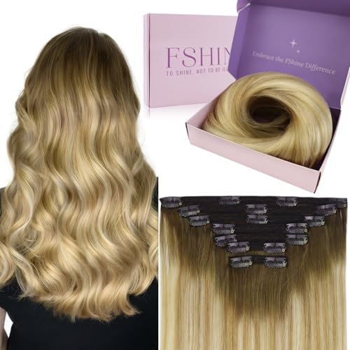 Fshine Clip Extensions Echthaar 60cm Kastanienbraun Ombré Honigblond Mix Platinblond Extensions Echthaar Clips 120g 7 Stücke Invisible Clip in Echthaarverlängerungen Farbe 6 27 60