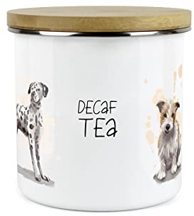 Purely Home Dog Themed Decaf Tea Canister - Dalmation Frenchie Terrier Spaniel - White Metal Enamel Kitchen Food Storage Container