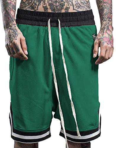 Plilima Pantaloncini da basket da uomo, traspiranti, leggeri, in rete, ad asciugatura rapida, con tasche con cerniera, Verde, XL