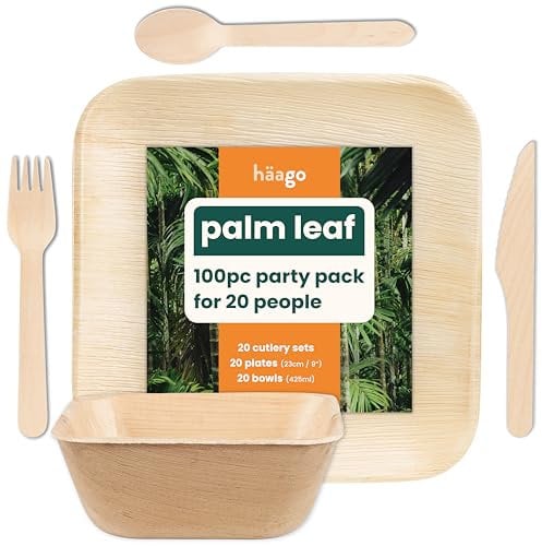 HAAGO 100-Piece Palm Leaf Disposable Plates, Bowls & Cutlery Set - 20 22cm Square Plate, 20 450ml Square Bowl & 60 Piece Birchwood Cutlery Set - Eco-Friendly Like Bamboo Plates for Hot & Cold Food