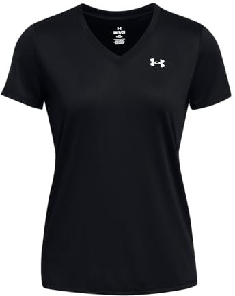 Under Armour Tech SSV Solid Camiseta de manga corta para mujer con cuello de pico, ligera camiseta de deporte, color negro/blanco