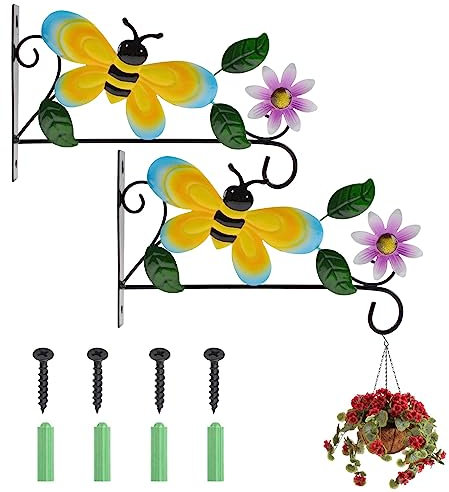 MOROBOR Wall Hanging Plant Bracket, 2Pcs Bee Pattern Iron Hook Black Wall Mount Lanterns Racks for Hanging Bird Feeders Lanterns Wind Chimes Plant Pot with Screws/10.3''