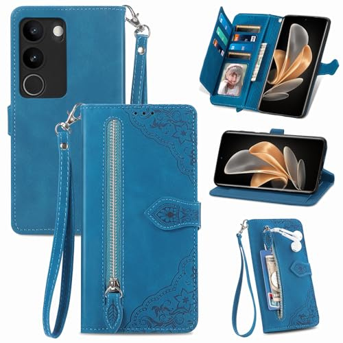 MOJIA Geldbörse Hülle für Vivo V29 5G, Sanft PU Klapphülle Handyhülle, Stoßfest Schutzhülle mit Handschlaufe Kartenfach und Standfunktion. Blau