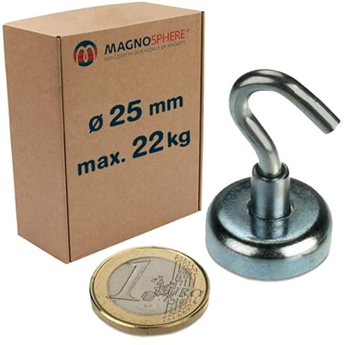 Magnethaken Extra Stark 22 kg Starke Neodym Magnet mit Haken Hakenmagnete Magnetische Haken Ø 25 mm für Küche Camping Grill Dekor Büro Lager Werkstatt Montage Kreuzfahrt - 5 Stück
