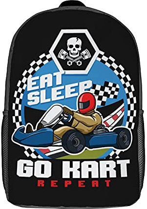 Studentenrucksack Eat Sleep Go Kart Lustige Wiederholung Karting Motorsport Rucksack Retro Taschen Stylische Backpack Für Büro, Reisen, Geschenk, 43X32X14Cm