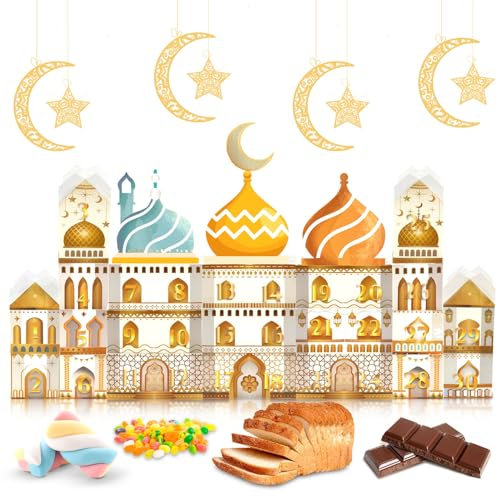 Ramadankalender Papiertüten zum Befüllen,30 Stück Ramadan Kalender Geschenktüten mit Dach,1-30 Digitale Aufkleber und Ramadan Sticker,Eid Mubarak Kalender Islam DIY Geschenktüten