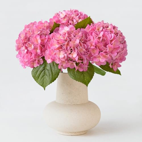 ZYTUYO 4 hortensias artificiales de látex de color rosa de 20 pulgadas, flores artificiales de seda de tacto real con hojas verdes, ramo de tallos para jarrón corto o alto, arreglos de mesa, centros