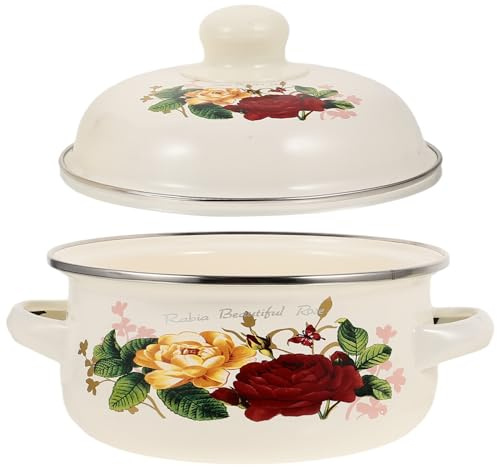 TOPBATHY Emaille Kochtopf 1.5L Binauraler Suppentopf Mit Deckel Für Gas- Und Elektroherde Flachboden Topf Für Haushalt Und Kochen