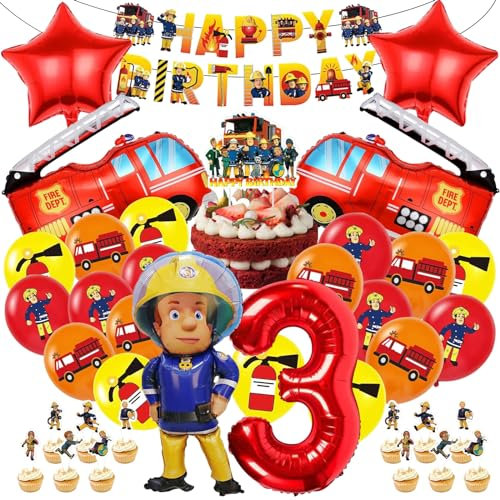 TZQFROCE Feuerwehr Geburtstag Deko 3 Jahre 52 Stück Feuerwehr Deko Kindergeburtstag Feuerwehrmann Luftballons Geburtstagsdeko 3 Jahre Junge Tortendeko Feuerwehr für Feuerwehr Geburtstag Party