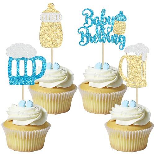 Gyufise 24Pcs Baby is Brewing Cupcake Toppers Baby Bottle Beer Mug Cupcake Picks Baby Gender Reveal Cake Decorations Celebrating Baby Shower Birthday Party Supplies Blue