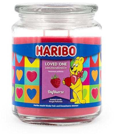 Haribo Duftkerze im Glas | Loved One 510g | Fruchtiger Duft von Himbeere & Johannisbeere | 100h Brenndauer | 2 Dochte | Geschenkidee für Valentinstag & Romantik