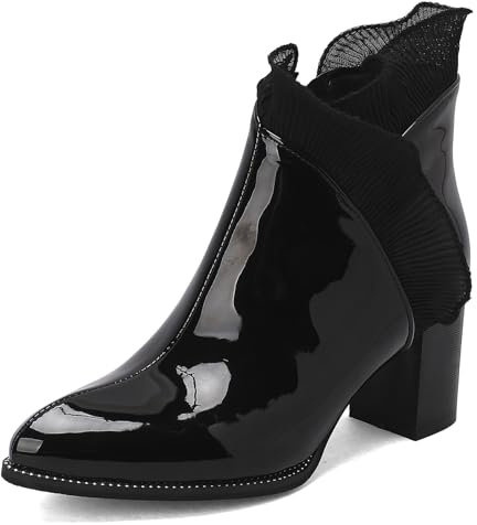Klarmar Donna Appuntito Eleganti Chelsea Stivaletti Tacco Alto a Blocco Inverno Festa Sposa Ruffles Moda Polacchine Nero-Vernice Numero 36 EU/23CM