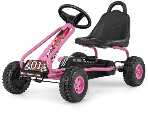 DREAMADE Gokart mit Handbremse & verstellbarem Sitz, Tretauto Tretfahrzeug mit geschlossenem Kettenkasten & Vor- und Rückwärtsgang, Pedal Go Cart für Kinder 3-6 Jahren, bis 30 kg belastbar (Rosa)