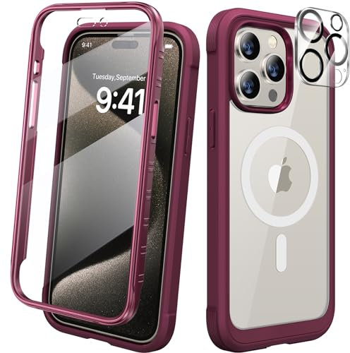 Diaclara Magnetic Designed for iPhone 15 Pro Max Case [Compatible with MagSafe], 360° Full Body Case with Screen Protector + Camera Lens Protector for iPhone 15 Pro Max 6.7 (burgundy)
