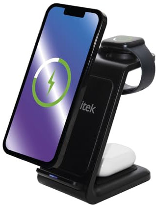 iTek I58078BLK 3-in-1 Wireless Rapid Charging Station for iPhone, AirPods and Apple Watch 2nd Gen Onwards with Qi Charging and Smart Response Indicator Light, 15W, Black