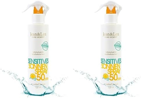 Jean & Len Sensitiv Sonnenspray 50 LSF wasserfest, für empfindliche Haut geeignet, ohne Silikone, Octocrylen, Duftstoffe & Mikroplastik, vegan, Sprühflasche 250 ml (Packung mit 2)