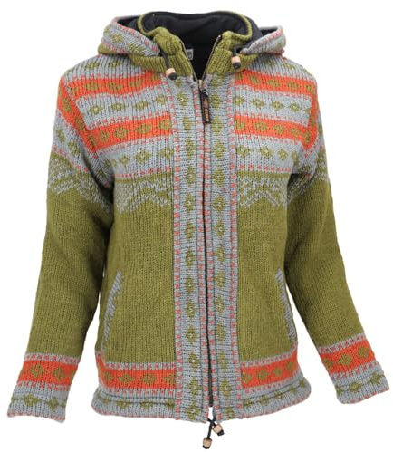 GURU SHOP Kuschelige Gefütterte Strickjacke, Damenjacke, Wolljacke, Nepaljacke - Grün/orange, Size:XL