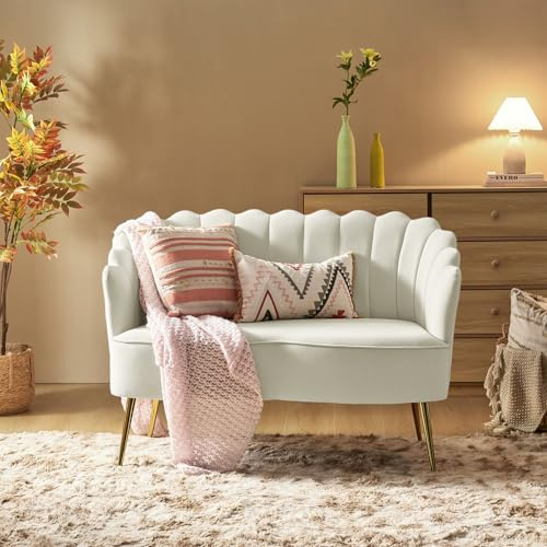 HULALA HOME Velvet 2 Seater Sofa Upholstered Loveseat Couch with Metal Legs Arm Backrest for Living Room Bedroom & Lounge, IVORY