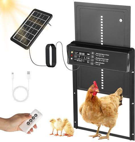 Gxpjycfob Porte Poulailler Automatique Solaire, Trappe Solaire pour Poulailler Aluminium avec Affichage LED, Télécommande, Minuterie, Porte Automatique Poulailler avec Capteur de Lumière Noir