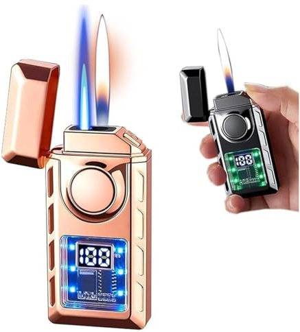 Briquet portable en métal à double flamme, flamme douce commutable et flamme bleue coupe-vent, avec chambre à air visible, taille de flamme réglable, rechargeable, adapté for barbecue, bougies, intéri